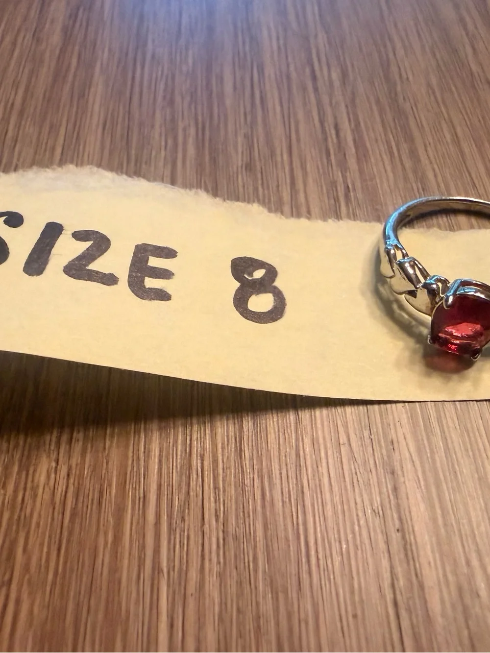 Size 8 Silver Tone Band Ring with Oval Red Stone Prong Setting 1 Gemstone